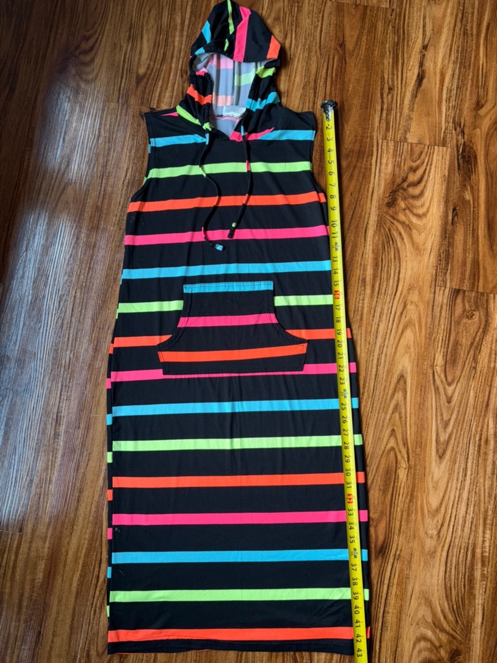 Bobbie Brooks Black Sleeveless Hooded Maxi Dress with Neon Stripes